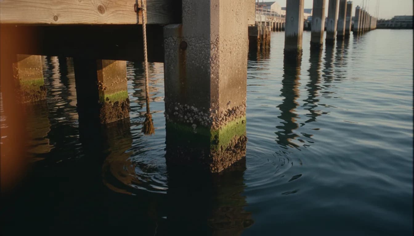 Pilar de concreto desapareciendo en agua oscura de puerto, alcance hacia mercados desconocidos como la prospección B2B con IA