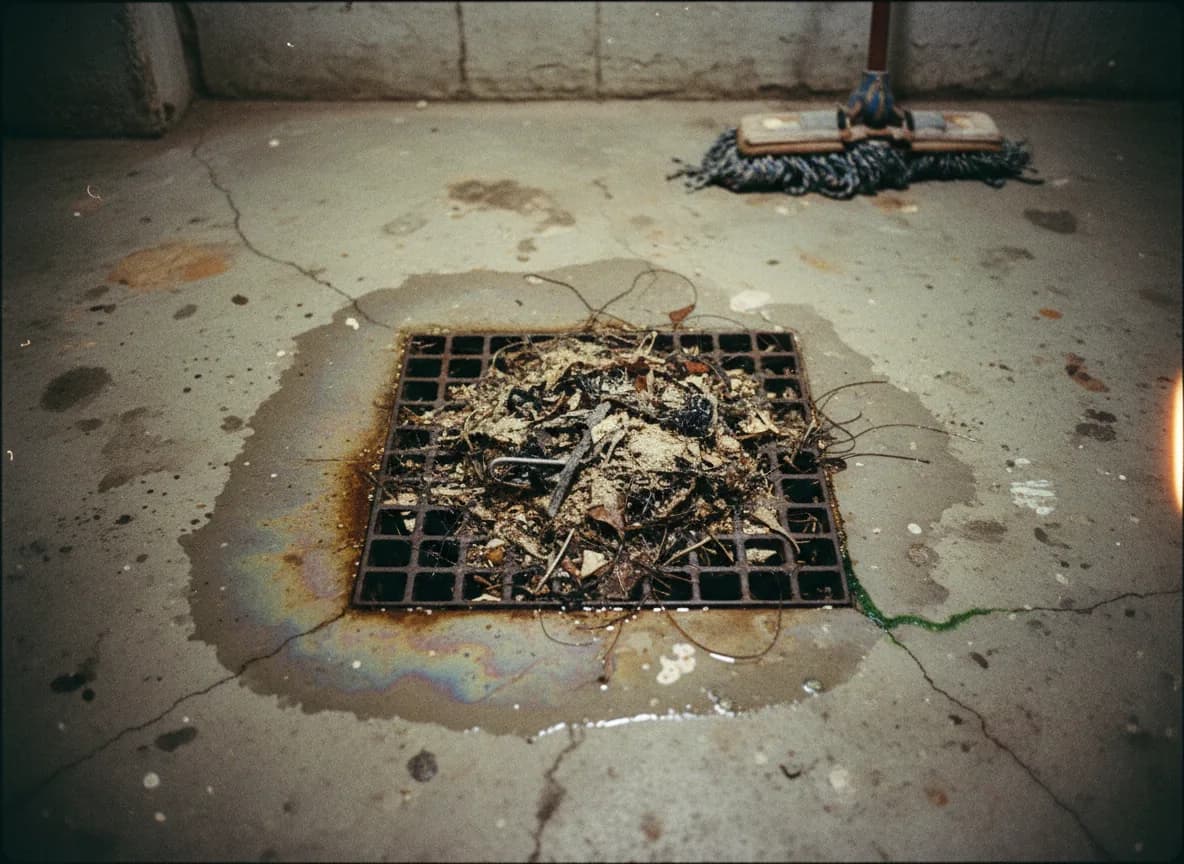 Desagüe de piso completamente obstruido, sistema de prospección manual sin resultados donde nada fluye