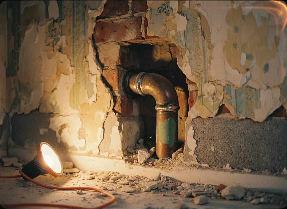 Codo de tubería de cobre expuesto en una pared, infraestructura oculta de enrutamiento como la automatización logística