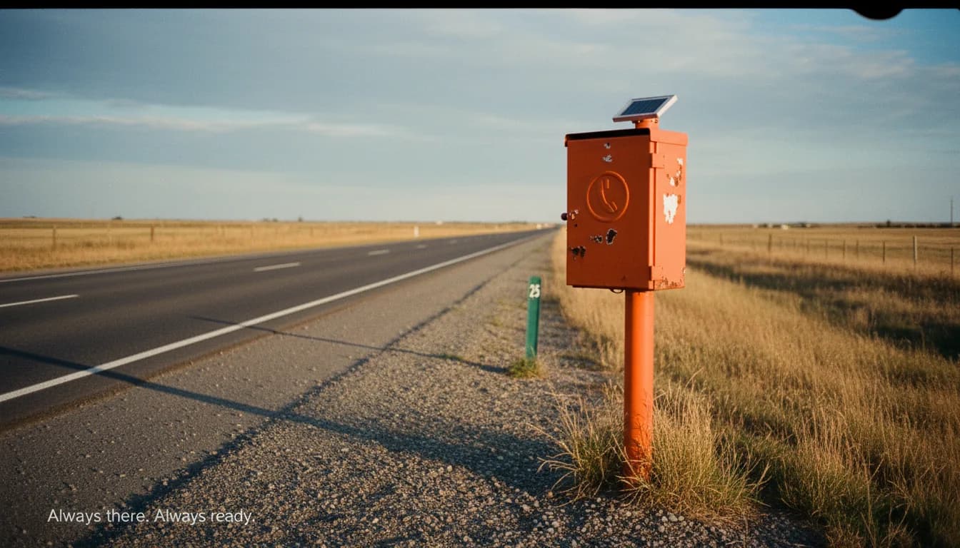 Teléfono de emergencia en carretera rural, herramienta siempre disponible como la IA aplicada al trabajo