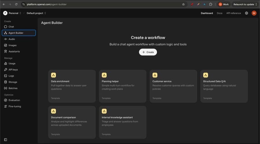 Captura de la pantalla de Agent Builder de OpenAI con sus plantillas de flujos