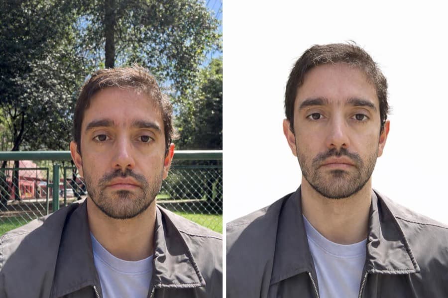 Selfie en un parque al lado de la misma foto convertida en retrato de documento con fondo blanco