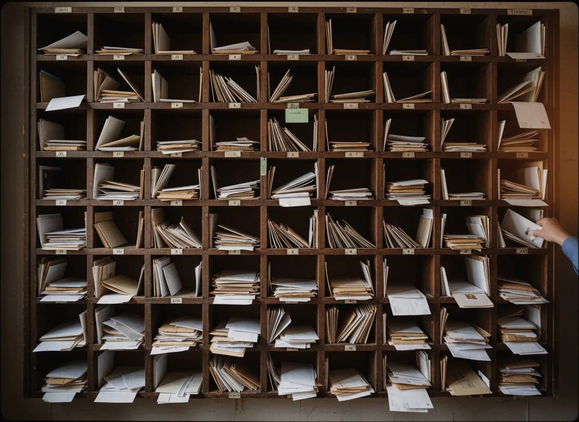 Casilleros de clasificación postal llenos de sobres, sistema de distribución masiva como la prospección B2B con IA
